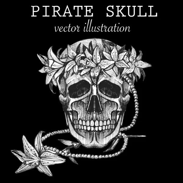Calavera pirata vintage con flores corona vector ilustración . — Vector de stock