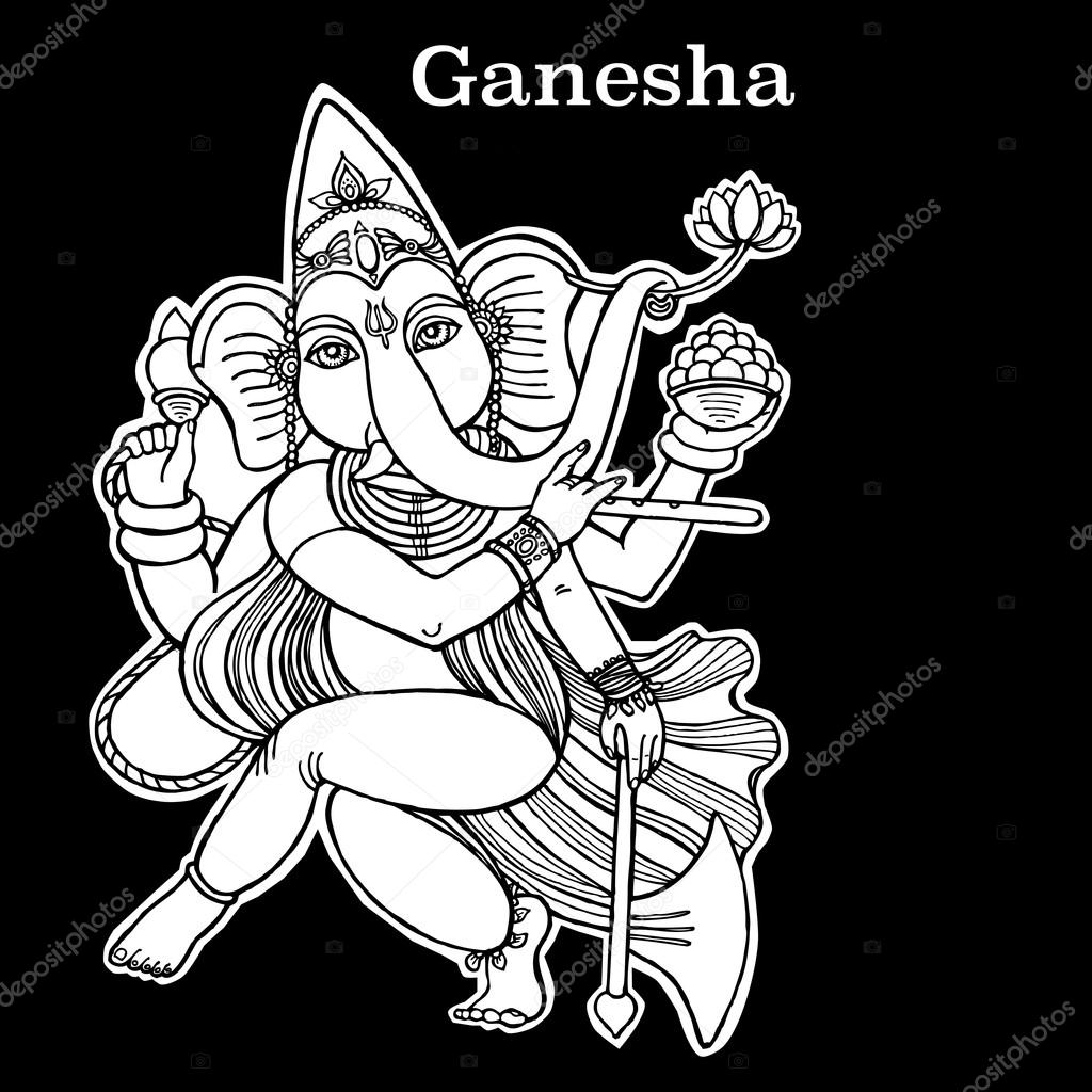 Dancing Ganesha line art illustration. Dancing elephant. Hindu God. Indian God. Travel in India illustration.