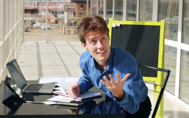 Surprised businessman at workplace. Teacher gesticulate and explain. Successful businessman celebrating in the office.