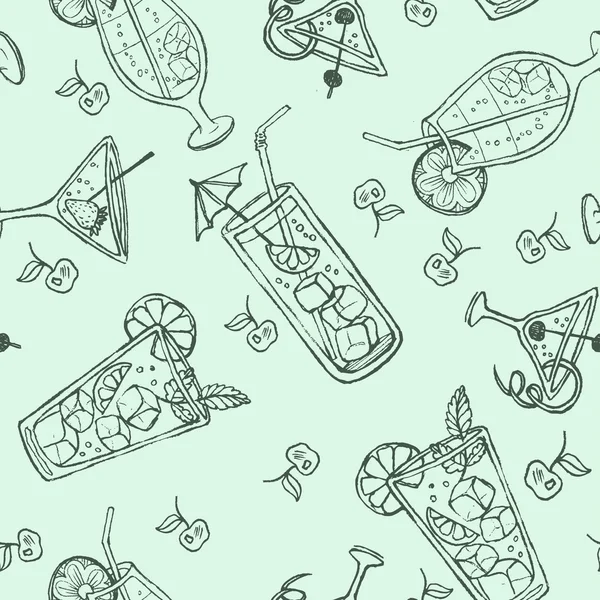 Nahtlose Doodle-Cocktailmuster. Pastellfarbener Hintergrund mit Saft, Cocktails und Früchten. — Stockvektor