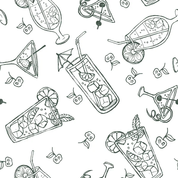 Seamless doodle cocktail pattern. Pastel color background with juice, cocktails, and fruits. — Stok Vektör