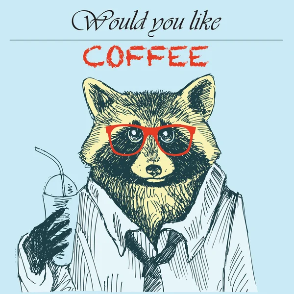 Hipster raccoon vector illustration. Raccoon with coffee and sunglasses. Hipster animals. — Διανυσματικό Αρχείο