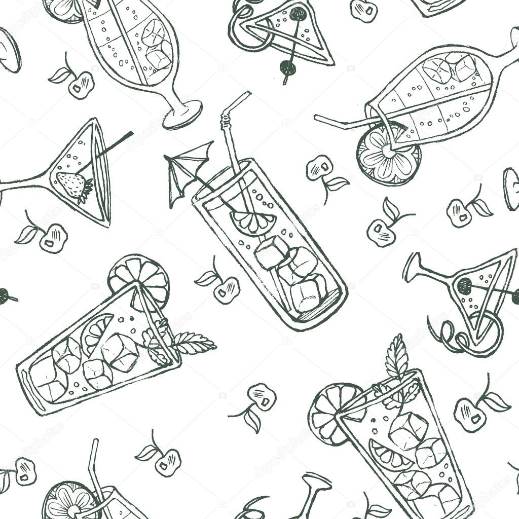 Seamless doodle cocktail pattern. Pastel color background with juice, cocktails, and fruits.