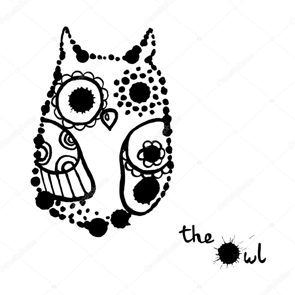 Funny hand drawn ink owl black and white illustration.