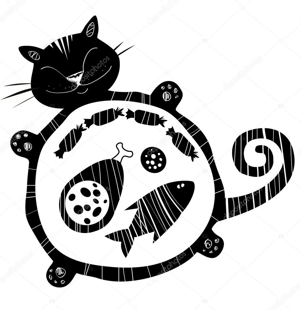 Funny vector  cat full of food . Sleeping  funny fat cat. Happy cat silhouette.