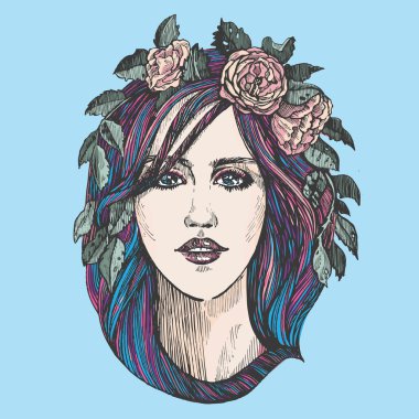 Beautiful woman with roses wreath.