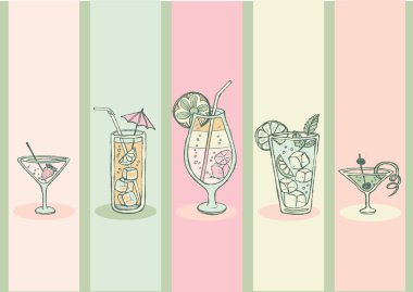Set of hand drawn cocktail menu. Set of juice, cocktails, decorated by fruit and mint.
