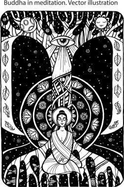Buda meditasyon. Huzurlu konsept illüstrasyon. El çekilmiş siyah beyaz resim. İnanılmaz grafikler.
