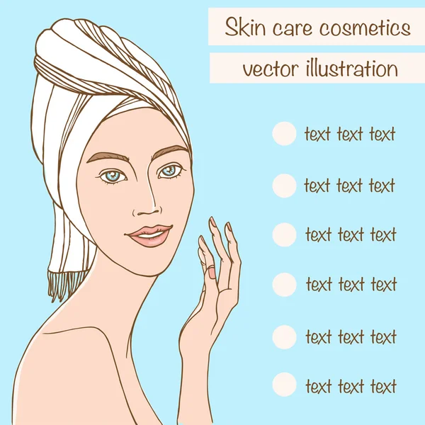 Hermosa mujer tocar su cara. cuidado de la piel, tratamiento facial. belleza producto vector ilustración . — Archivo Imágenes Vectoriales