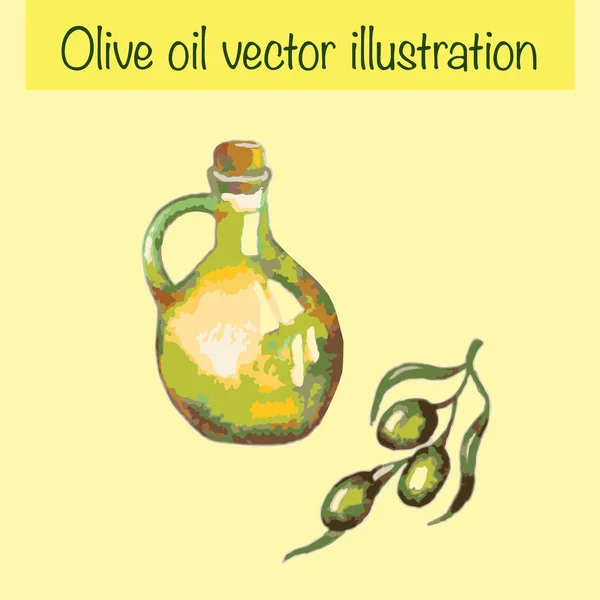 Aquarell-Olivenölflasche isoliert auf gelbem Hintergrund. Sie können es wie eine Designvorlage für Ihr Schönheitsprodukt verwenden. es kann für Karte, Menü, Rezept verwendet werden. — Stockvektor