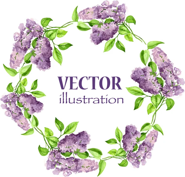 Blooming lilac branch pattern. Pink and violet watercolor flowers isolated on white background. Round frame. — Stockvector