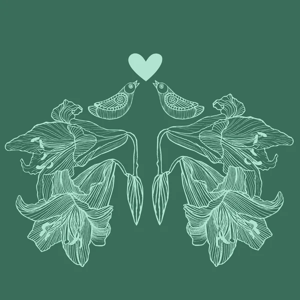 Hand drawn vector lily flowers and love birds background. Vintage floral and love vector illustration. Can be used for invitation cards for wedding, interior decoration, print for t-shirt etc. — Διανυσματικό Αρχείο