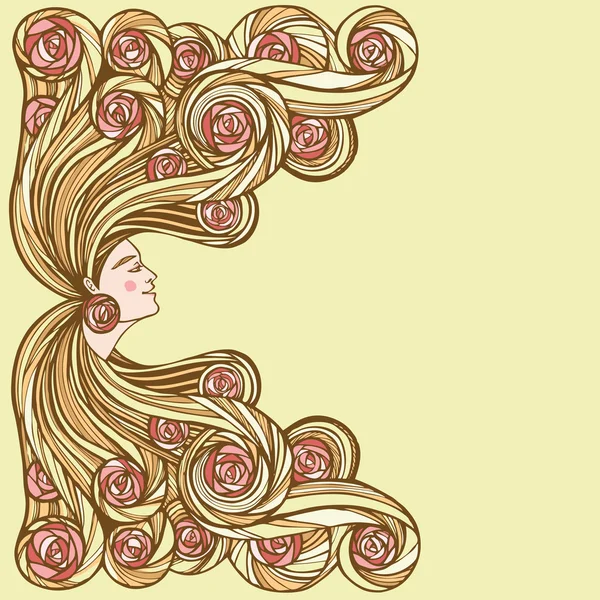 Hair treatment vector illustration. Natural hair cosmetics. Profile of beautiful woman with flowers in long wavy hair. — Stok Vektör