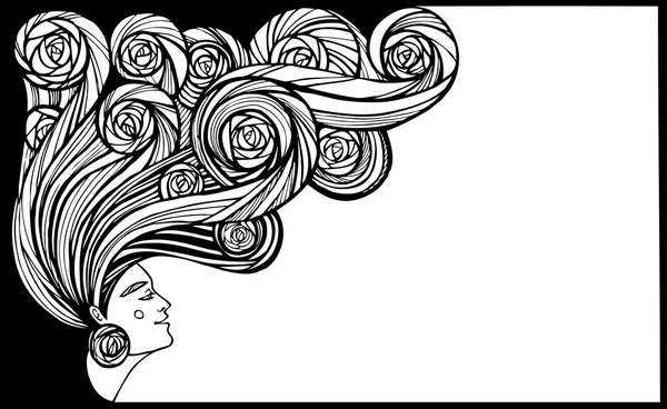 Векторная иллюстрация обработки волос. Натуральная косметика для волос. Профиль красивой женщины с цветами в длинных волнистых волосах . — стоковый вектор
