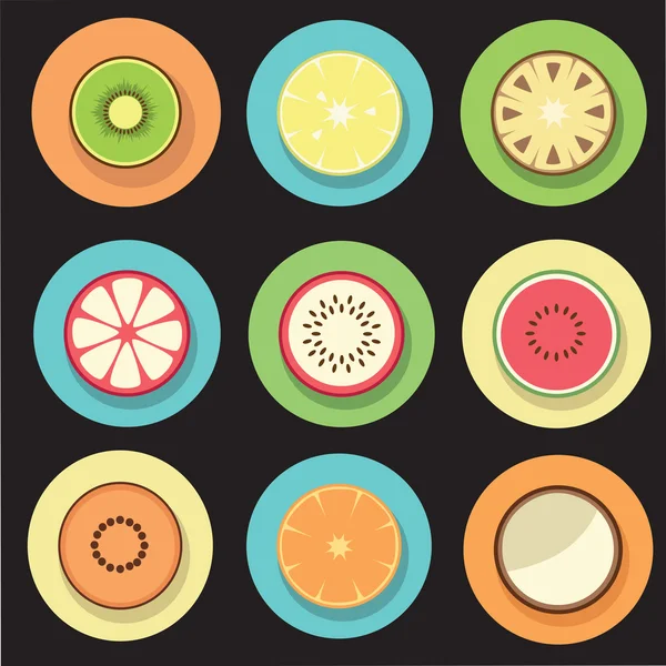 Frutos tropicales sobre fondo negro. Set de frutas de diseño plano. Iconos de frutas . — Vector de stock