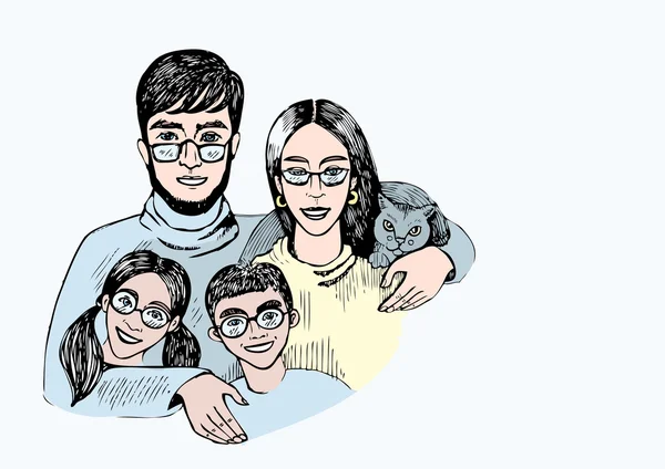 Família sorridente quatro pessoas de óculos. Jovem mulher de família, marido, filho, filha e gato. Mão desenho vetor preto e branco ilustração espaço para texto . —  Vetores de Stock