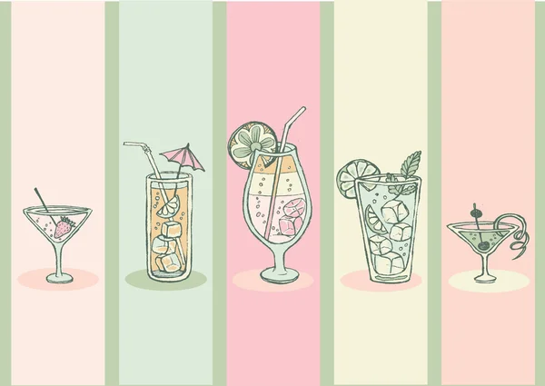 Set of hand drawn cocktail menu. Set of juice, cocktails, decorated by fruit and mint. — ストックベクタ