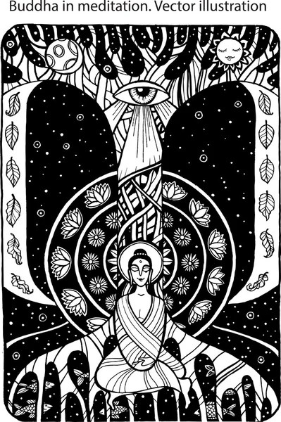 Boeddha in meditatie. Vreedzame concept illustratie. Hand getekend zwart-wit afbeelding. Fantastische graphics. — Stockvector