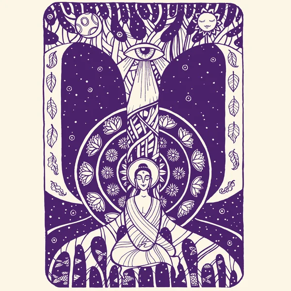 Buddha in meditazione. Illustrazione del concetto pacifico. Illustrazione in bianco e nero disegnata a mano. Grafica incredibile . — Vettoriale Stock