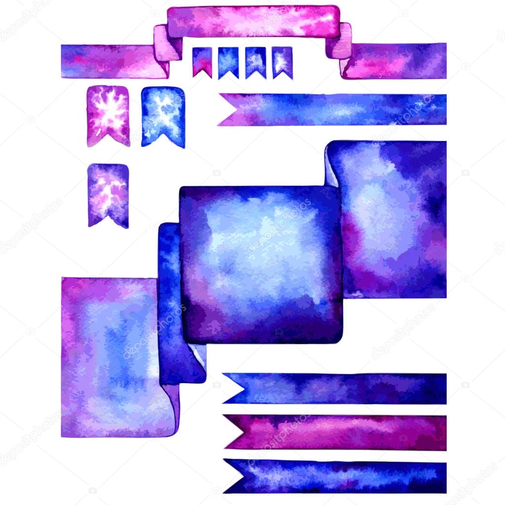 Set of watercolor design elements. Blue, pink and violet ribbon tags, frame, divider. Watercolor hand drawn templates for your website.