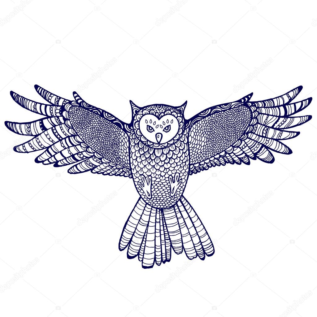 Flying hand drawn owl. Tattoo sketch.
