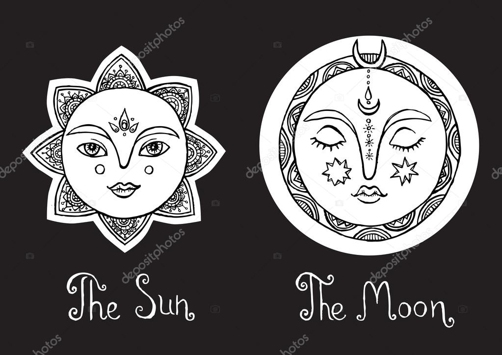 Vintage hand drawn sun and moon. Middle age.