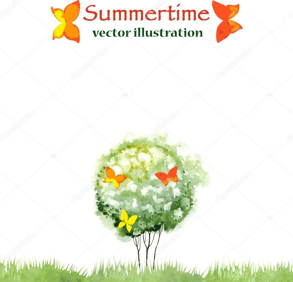 Blooming watercolor tree and butterfly isolated on white background vector illustration. Can be used like postcard or invitation card. Summer template for your design.