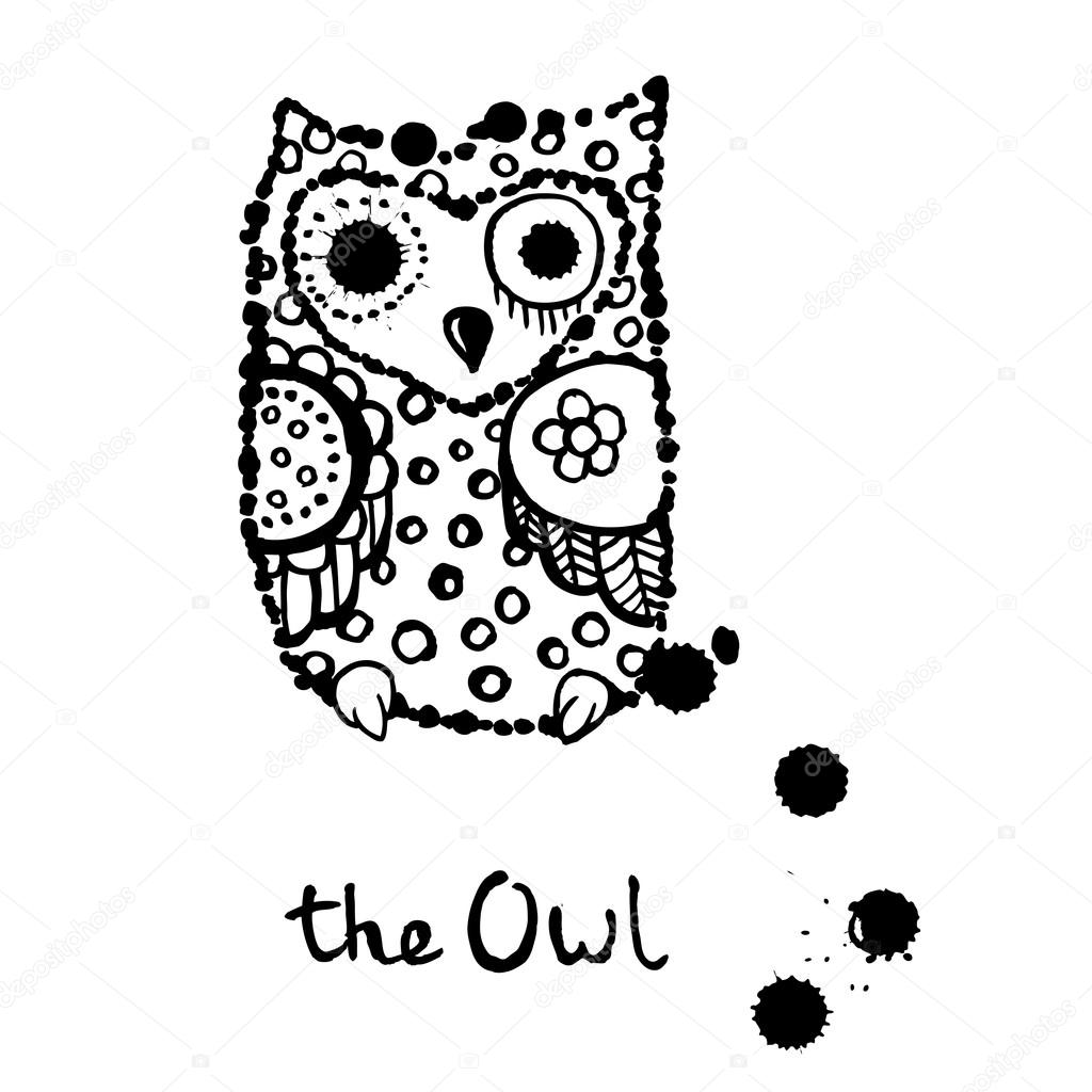 Funny hand drawn owl with ink splashes.