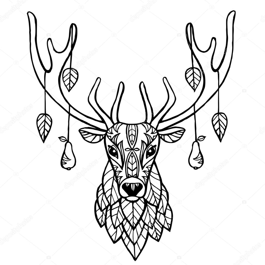 Autumn ornamented deer hand drawn vector illustration. Deer with autumn leaves and pears tattoo. Ethnic animals vector illustration. Ethnic deer / african / indian / totem