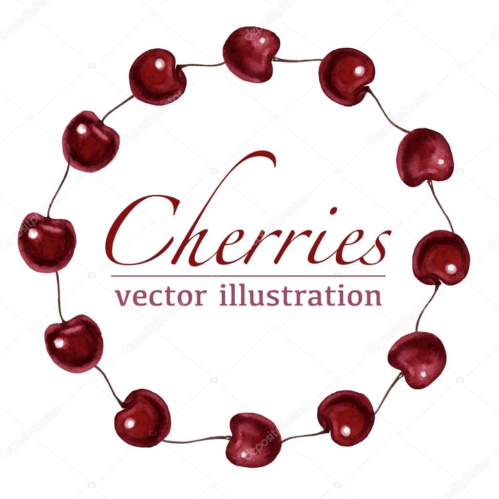 Watercolor cherries round vector frame border