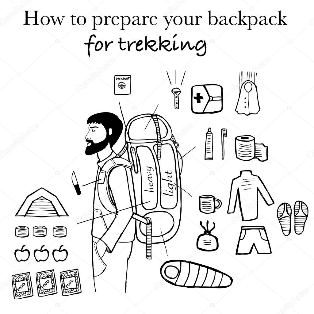 Travel info graphics. Backpack for trekking info graphics. Trekking into the mountains infographisc. Backpacker. Trekking info graphics. rock climber.