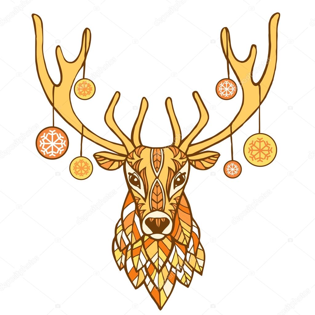 Christmas deer hand drawn vector illustration.  Ethnic animals vector illustration. Ethnic deer / african / indian / totem. Christmas new year background.