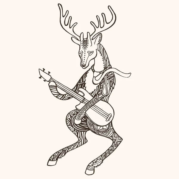 Deer bajista adornado. Animal tocando música. Ciervo y bajo eléctrico . — Foto de Stock