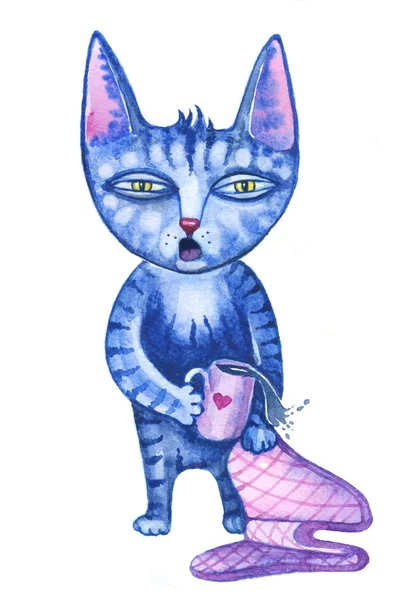 Slaperig cute cartoon kat vroeg in de ochtend met een kopje koffie of thee aquarel illustratie. — Stockvector