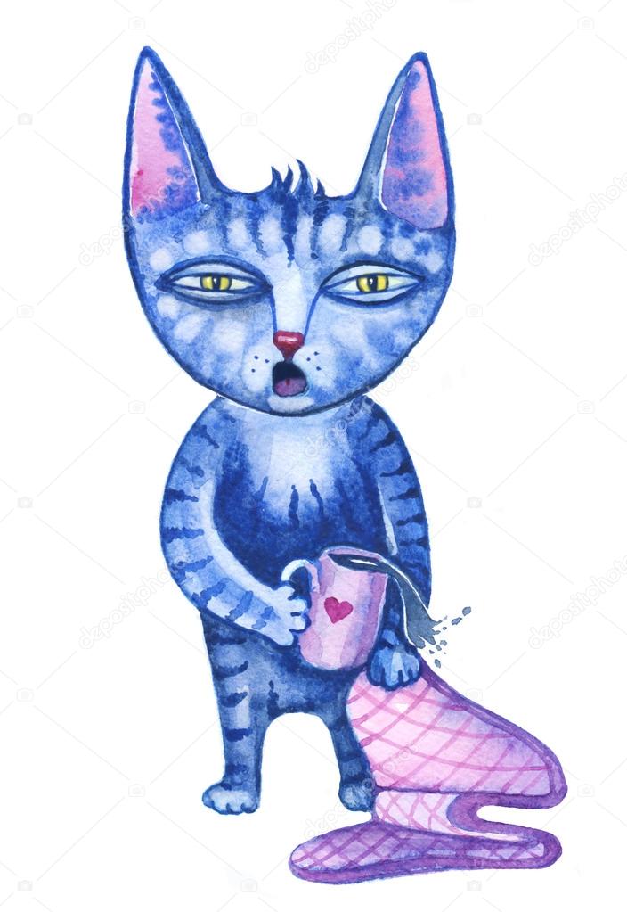 Sleepy cute cartoon cat early in the morning with cup of coffee or tea watercolor illustration.