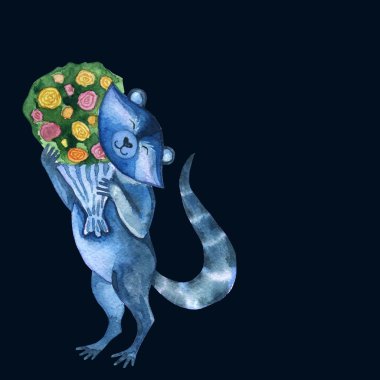 Buket çiçek ile şirin komik Rakun. Hayvan karakter. St