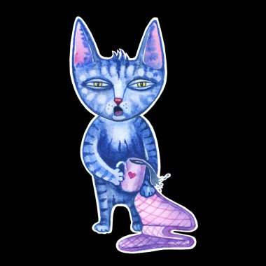 Uykulu sevimli çizgi kedi fincan kahve ile sabah erken 