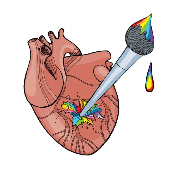 Coração humano anatômico com pincel de artista e espirros de arco-íris. Amor pelo conceito de arte. Conceito de cura arte . — Fotografia de Stock
