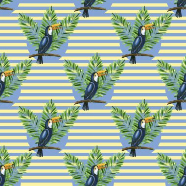Toucan ve muz yaprakları stiped arka plan sorunsuz esen