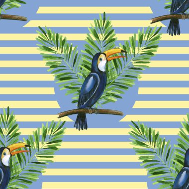 Toucan ve muz yaprakları stiped arka plan seamless modeli.