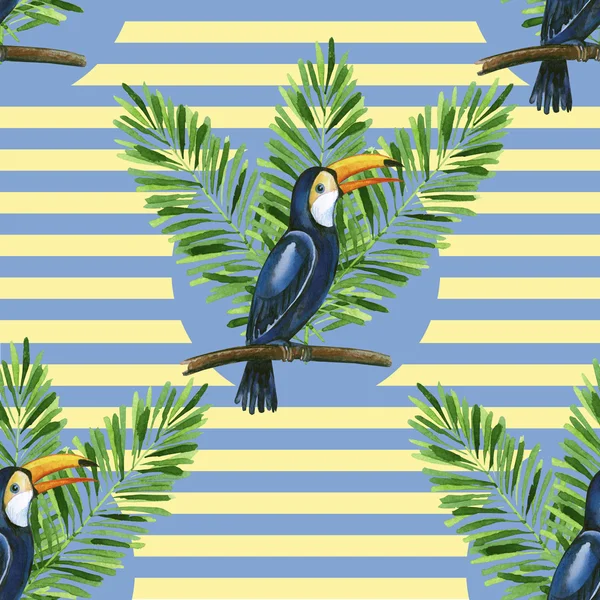 Tukan- und Bananenblätter auf dem gestreiften Hintergrund. — Stockfoto