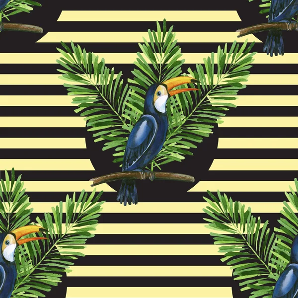 Toucan and banana leaves on the stiped background seamless patte — Stock Photo, Image