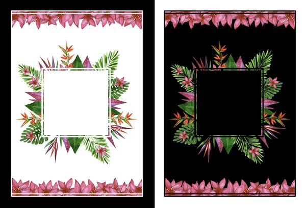 Frame van exotische bloemen en planten. Realistische aquarel paintin — Stockfoto