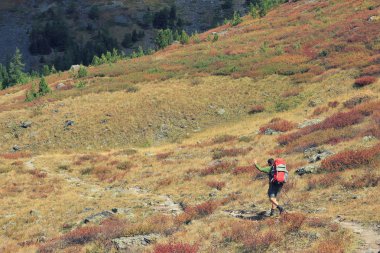 Backpacker dağların içine gidin. Mutlu seyahat kavramı. Dağ