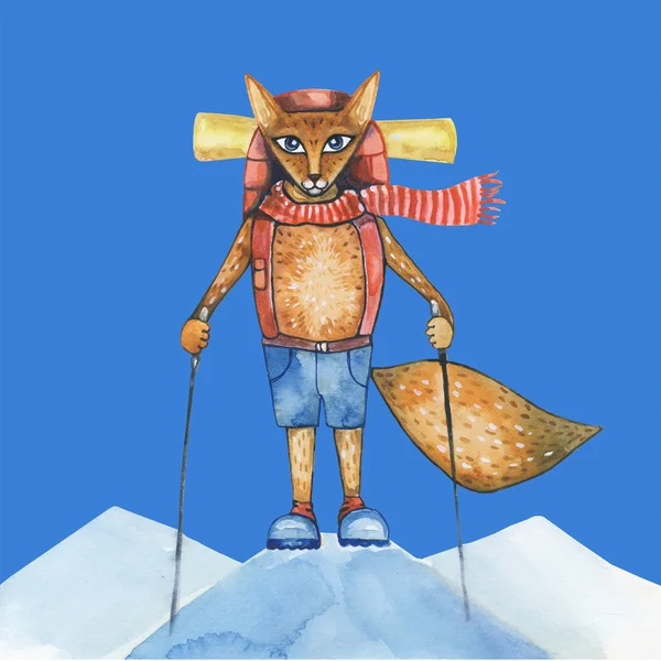 Schattig hand getekend aquarel cartoon fox reiziger op de bovenkant van th — Stockfoto