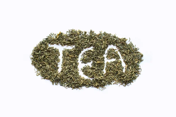 Tee-Schriftzug aus grünem Tee. — Stockfoto
