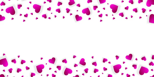 ハートフレームベクトルの境界線ピンクの散乱コンフェッティ花弁とバナー 水平方向の上下の境界線 バレンタインデーの結婚式招待テンプレート隔離された白い背景 パターン モックアップ — ストックベクタ