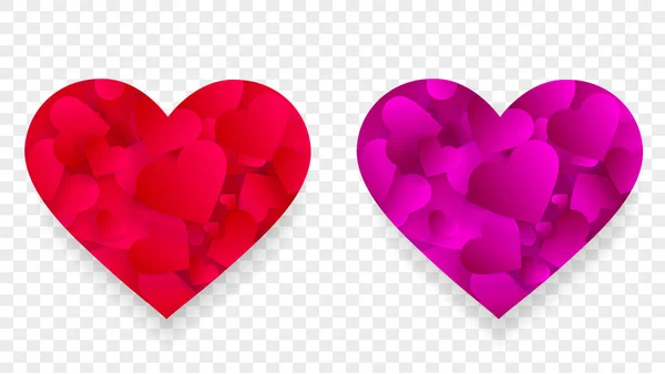 Ícones Coração Rosa Vermelho Efeito Com Pétalas Corações Pequenos Dentro — Vetor de Stock