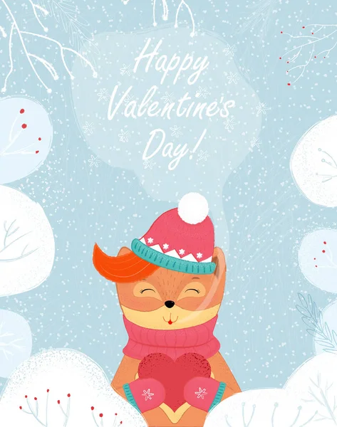 Feliz Dia Dos Namorados Cartão Saudação Winter Fox Hold Red —  Vetores de Stock