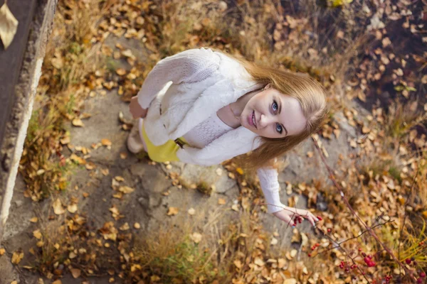 Hermosa chica en blanco con el pelo rojo posando sobre el fondo de las hojas caídas — Foto de Stock